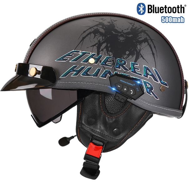 Kask motocyklowy retro z certyfikatem 3C i Bluetooth dla mężczyzn i kobiet – klasyczny, otwarty półkask z wbudowanym daszkiem i bezprzewodową komunikacją_voghion.com