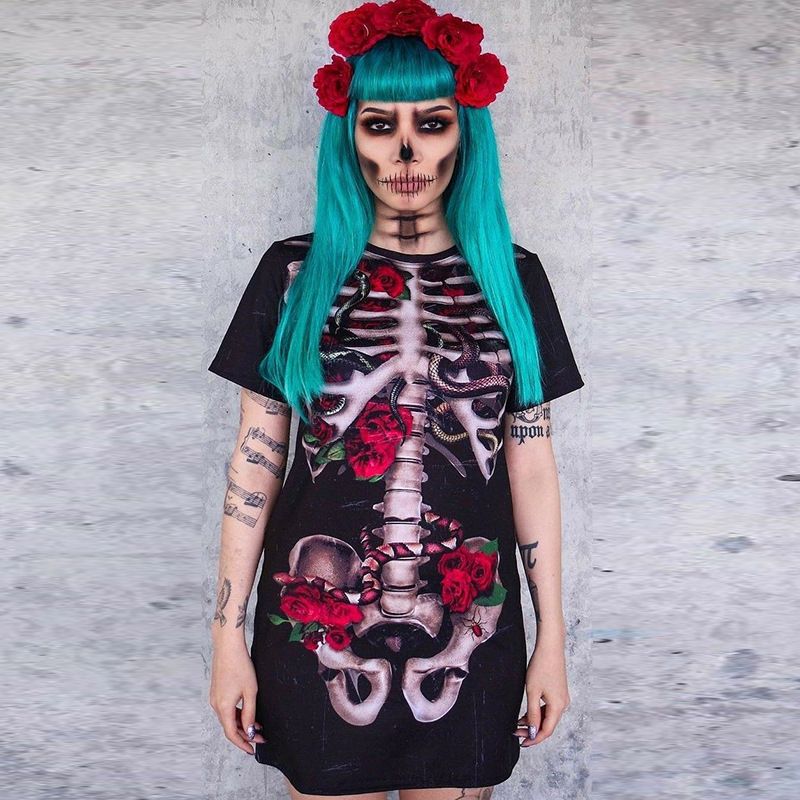 Women's clothing Explosive Halloween Costume Skeleton Ghost Bride Cospaly Performance Costume Printed Dress Female_voghion.com