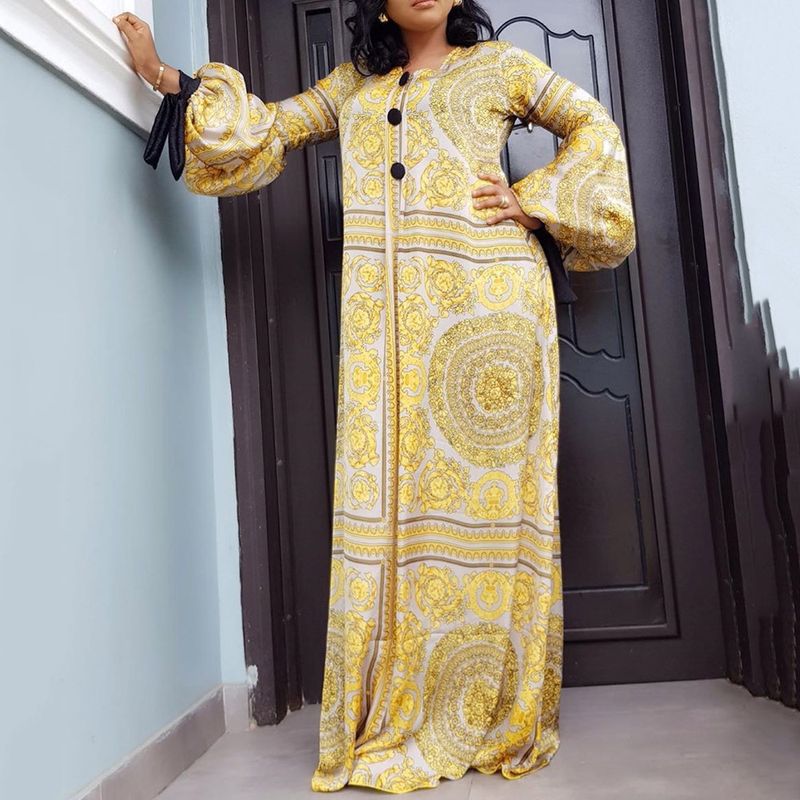 Women's digital soft round neck single-breasted lantern sleeve loose dress long skirt_voghion.com