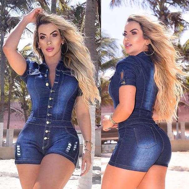 Women's fashion slimming rompers spray white ripped denim rompers_voghion.com