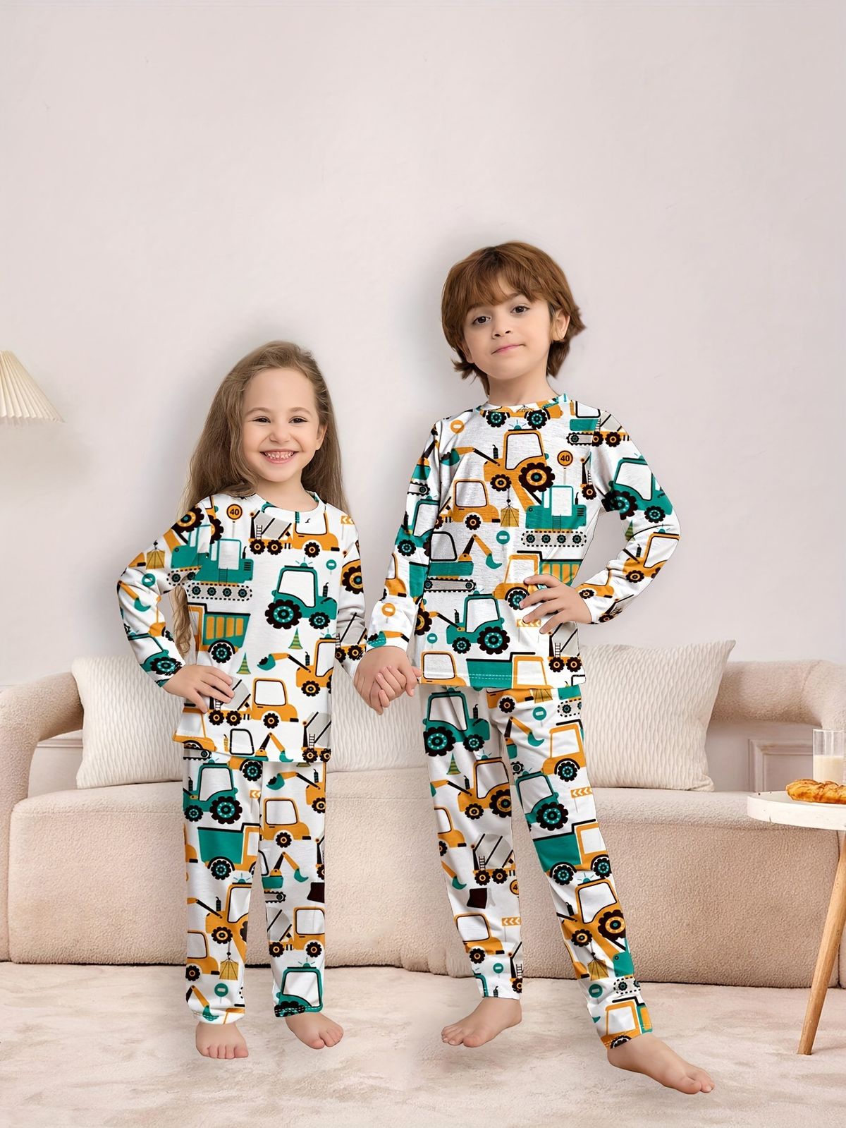 Barnkläder Babyflickor Underkläder Set Trendig Ingenjörsbilstryck Pojkpyjamas_voghion.com