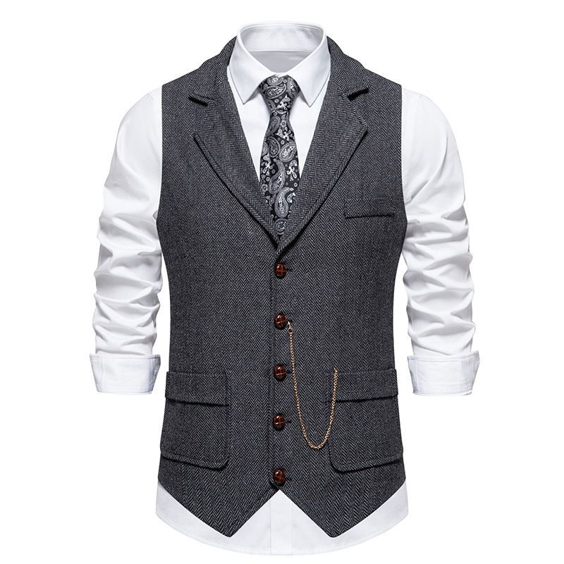 Mænds retro sildebens-tweeddragtvest Retro revershestekæde rustningsvest Detektivtøj_voghion.com