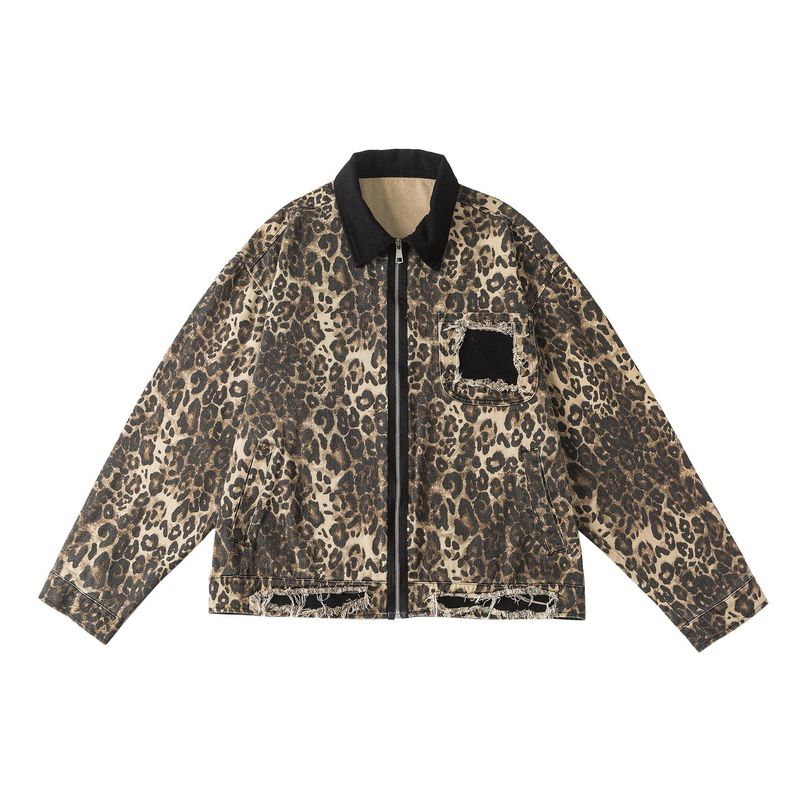 Color Blocking Leopard Print Denim For Men, Spring Autumn American Style Lapel, High Loose Fit, Cool And Explosive_voghion.com