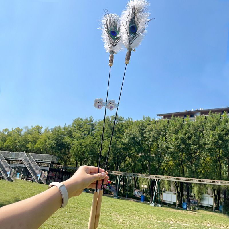 Bacchetta giocattolo grande piuma di pavone asta extra lunga erba gatta in legno da masticare auto-intrattenimento interattivo per gatti antistress_voghion.com