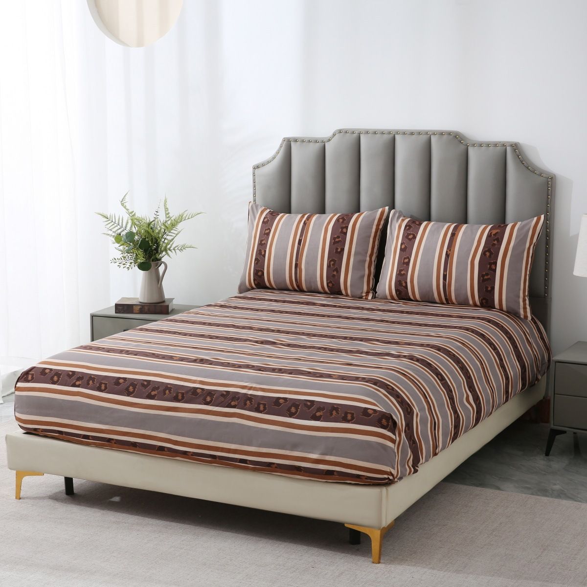 Tribal Stripe & Leopard Print Fitted Sheet - 3D Printed Polyester Bed Cover With Exotic Animal Patterns - Bohemian Style Bedding Set_voghion.com