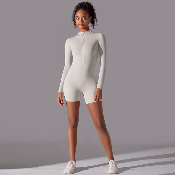 New Zipper Shorts Running Sports Fitness Solid Color Three-Point Open Collar Yoga Wear Tight High Elastic One-Piece_voghion.com