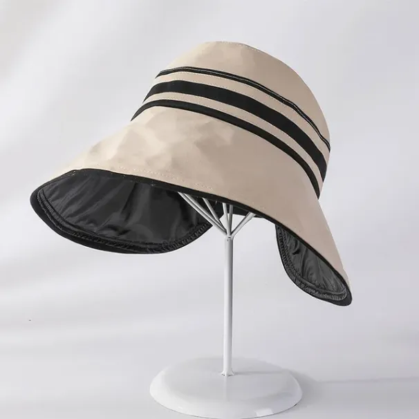Fashion Summer Black Vinyl Sun Women Stripe Wide Brim UV Protection Bucket Hat Foldable Outdoor Beach Ladies Empty Top Sunscreen_voghion.com