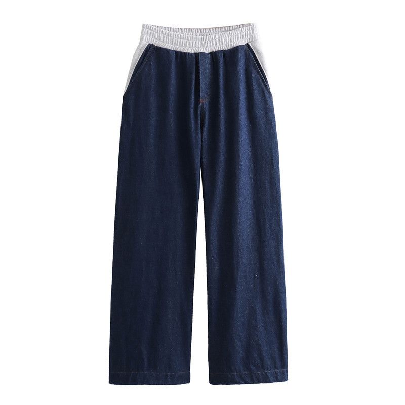 2024 Spring Summer New Denim Patchwork Elastic Waist Color Block Sweatshirt + Long Pants Set_voghion.com