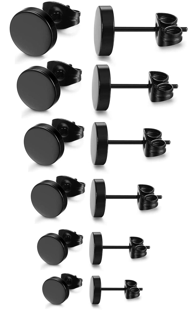 Orecchini in acciaio inossidabile nero - Orecchini a lobo rotondi a 6 griffe e quadrati a 4 griffe con diamanti, pallina rotonda e ciondolo a forma di torta_voghion.com