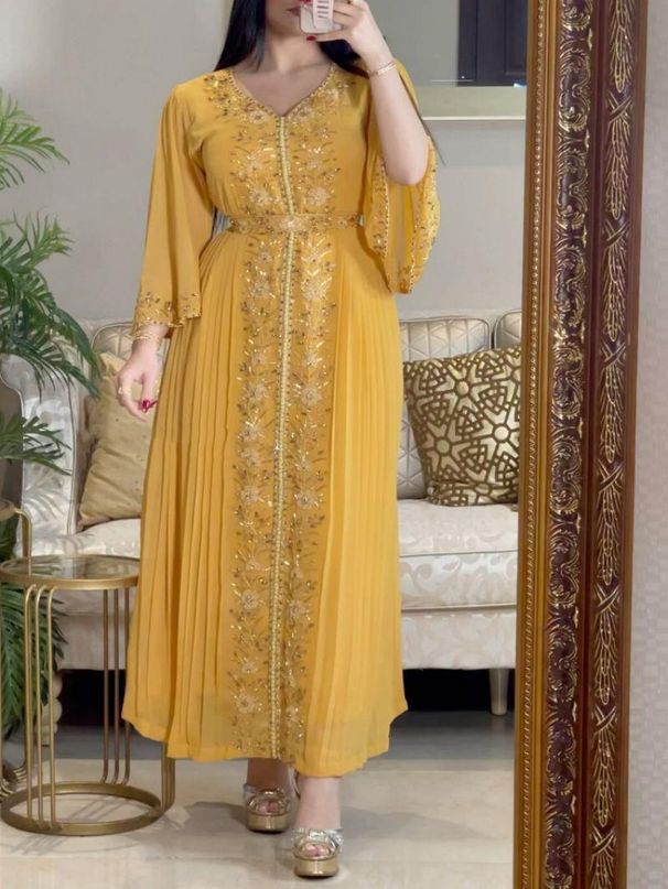 Damenbekleidung besticktes, mit Rauten genähtes Kaftan-Gewand Abendkleid_voghion.com