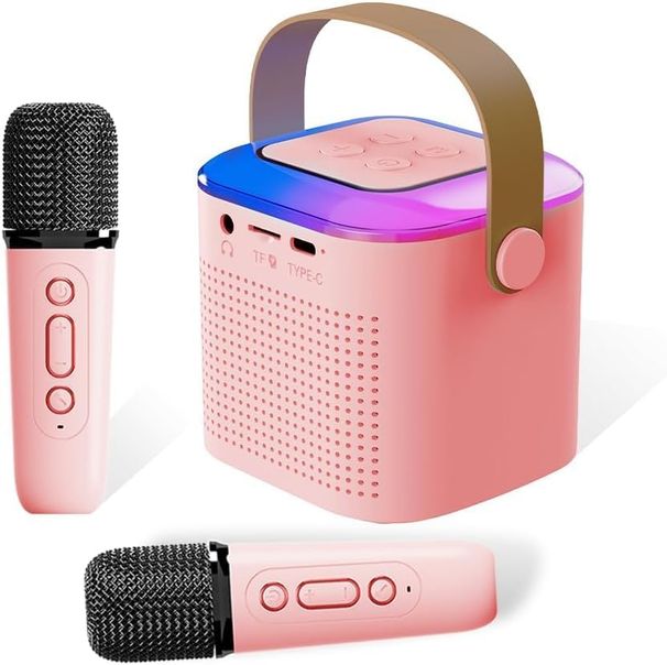 Hordozható karaokegép 2 vezeték nélküli mikrofonnal, mini karaokegép LED lámpákkal, Bluetooth hangszóró gyerekeknek, felnőttek születésnapi partijához_voghion.com