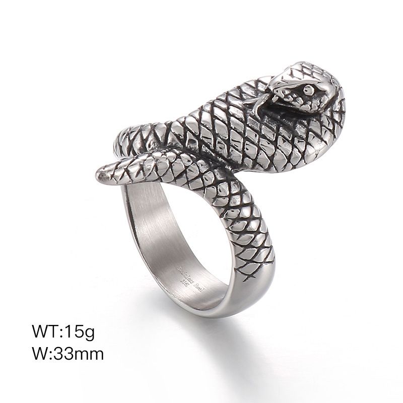 Anello da uomo con serpente animale in stile hip hop, stile retrò, in acciaio al titanio con diamanti, occhi verdi rossi e anello a serpente con gocce di petrolio_voghion.com