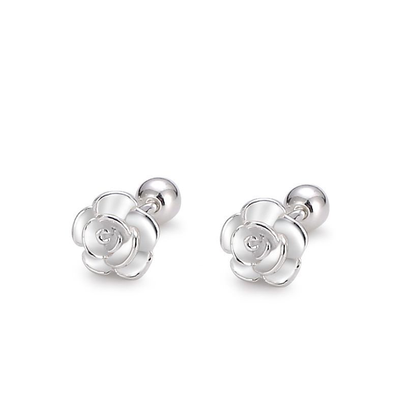 S999 Silver Rose for Women's New Chinese Style Shell Flower Earbone Screws with Twisted Earrings_voghion.com