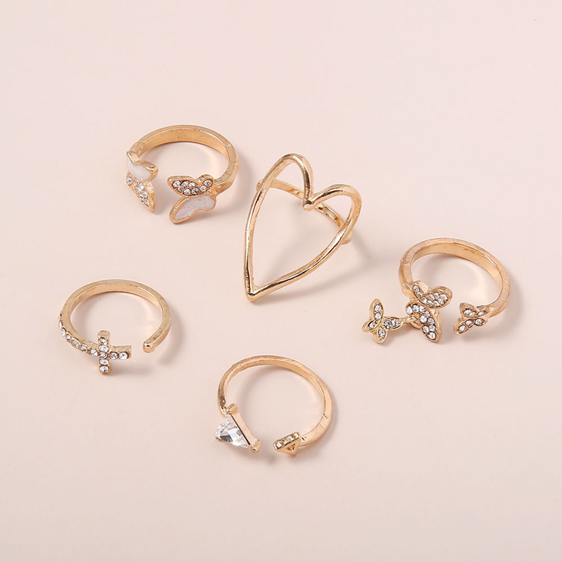 5Pcs/Set Cross Triangle Heart Butterflies Shape Knuckle Rings Hollow Out Opening Adjustable Rhinestones Inlaid Stackable Finger Rings Set_voghion.com