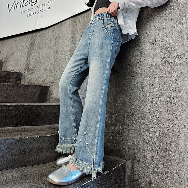 Kinderkleidung Mädchen 2024 Frühling und Herbst neue Modelle für mittlere und große Kinder stilvolle Perlenquaste Rohkante Denim Schlaghose_voghion.com