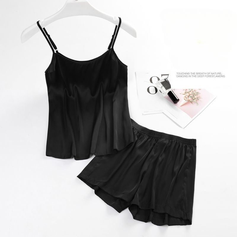 Sommer Sexy Hosenträger Pyjamas Weibliche Süße Dünne Ice Silk Shorts Weste Seide Zwei-stück Set_voghion.com