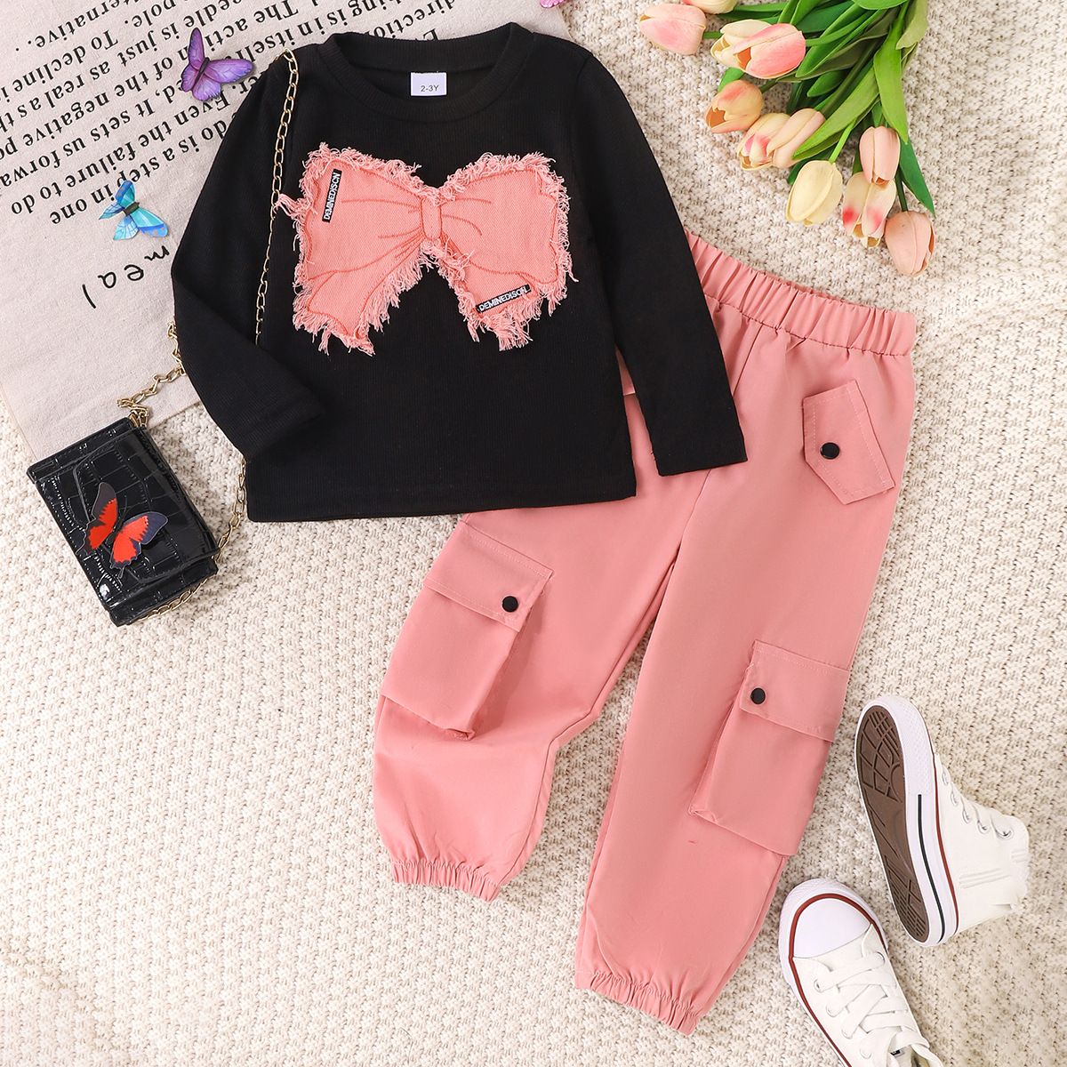 Bērnu apģērbs Bērnu uzvalks Rudens un Ziemas Modes Meiteņu Tauriņš Patch Top Kombinezons Bikses Divdaļīgs Uzvalks_voghion.com