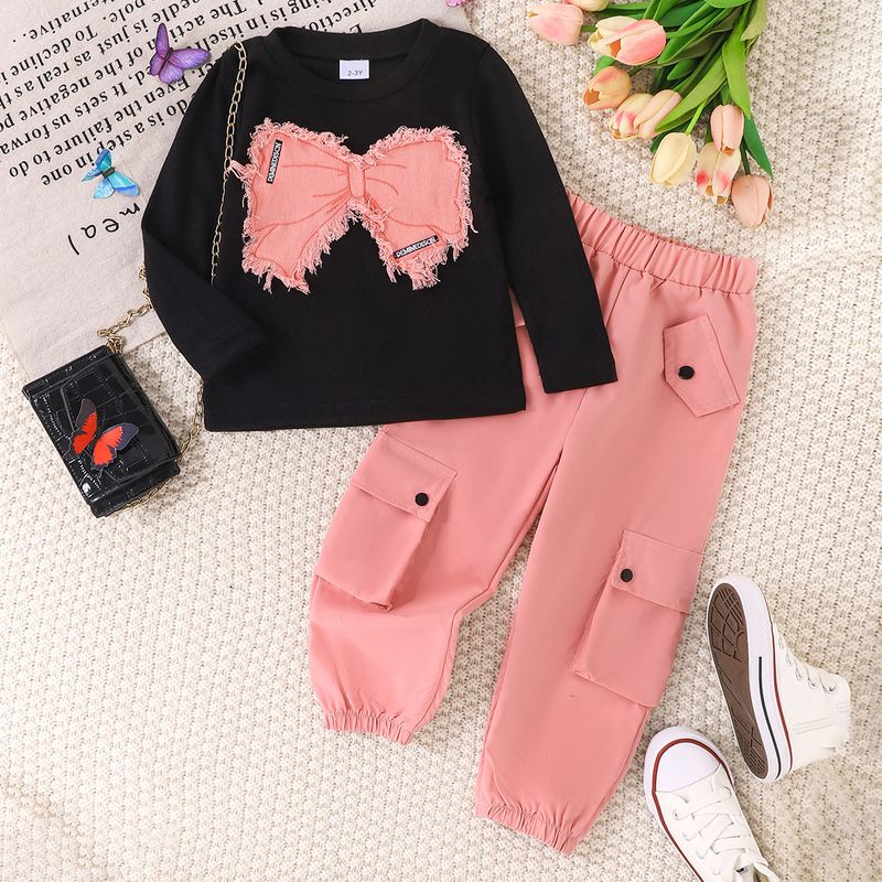 Kinderkleidung Kinderanzug Herbst- und Wintermode für Mädchen mit Schmetterlingspatch, Oberteil, Overall, Hose, zweiteiliger Anzug_voghion.com