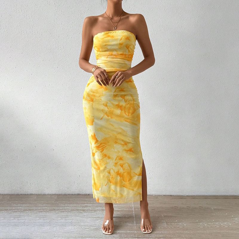 Neu TK Mesh Druck 2025 Frühling Sommer Neue Hohe Taille Slim Fit Slit Tube Top Bodycon Kleid_voghion.com