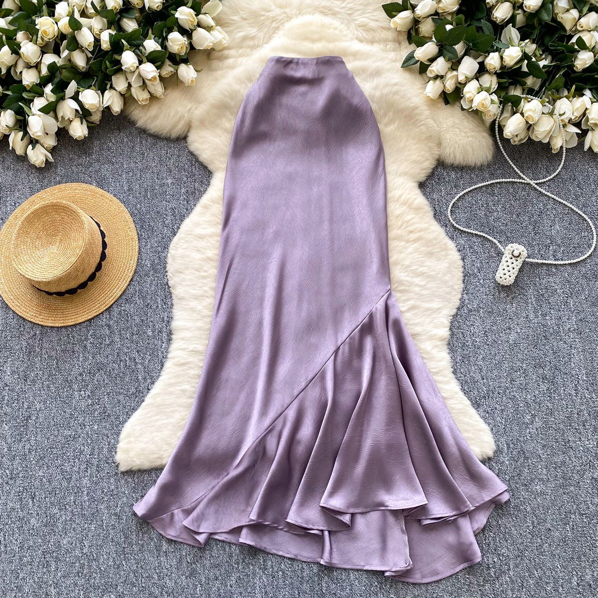 Gonna midi in raso di lusso per donna - Gonna lunga elegante asimmetrica a vita alta con taglio a trapezio (viola, S/M/L/XL)_voghion.com