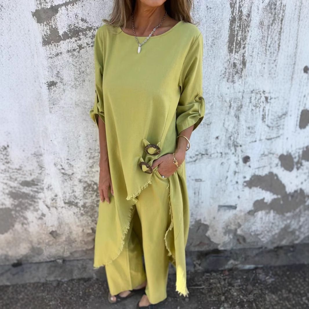 Women's Clothing Spring And Summer Metal Button Loose Irregular Robe Set_voghion.com
