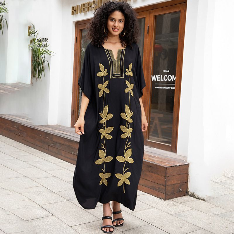 Embroidered Rayon Maxi Dress - Flowy Beach Cover-Up With Leaf Design, Plus Size Summer Tunic For Women"​​_voghion.com