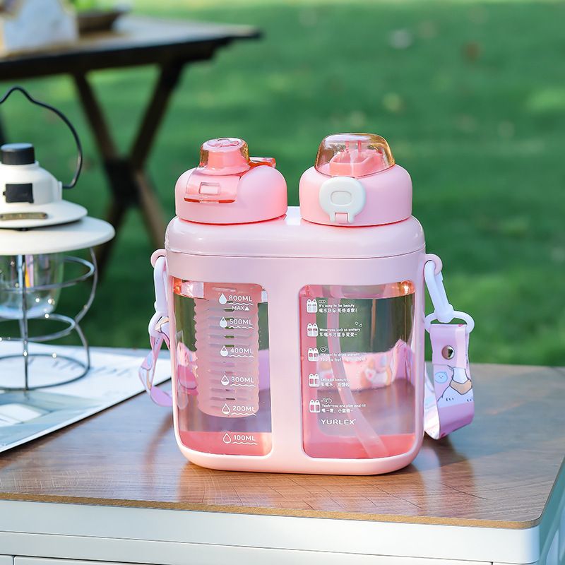 Summer Split-Compartment Double Drinking Straw Cup With ABS Material Kids Portable Water Bottle For Sports & Outdoor Lea_voghion.com