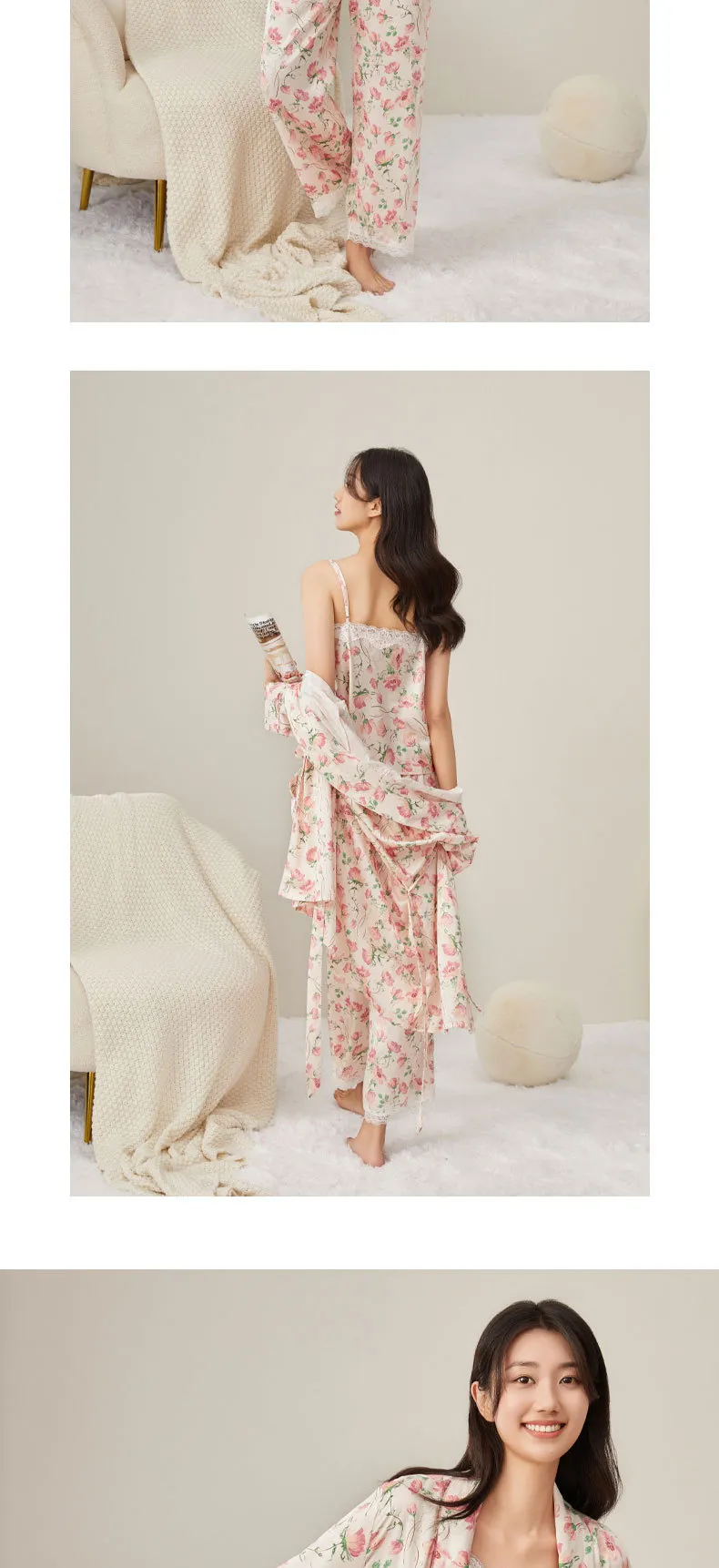 ins style spring and summer three-piece pink rose print spring atmosphere printed short robe suspender trousers pajamas suit_voghion.com