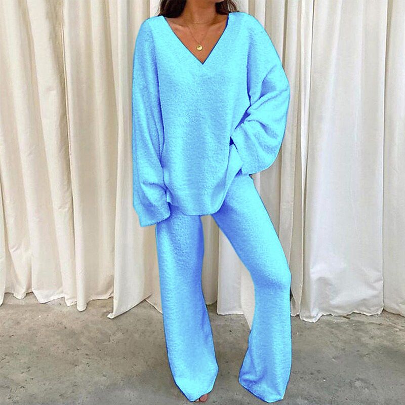Dameskleding winter comfortabel effen kleur V-hals casual dagelijks thuis warm tweedelig pak_voghion.com