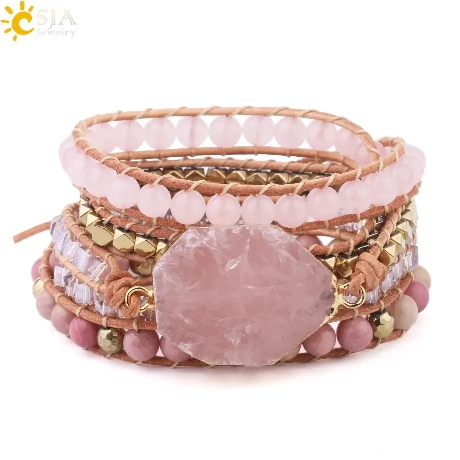 Charm CSJA Natural Stone Bracelet Pink Quartz Leather Wrap Bracelets for Women Rose Gems Crystal Beads Bohemia Jewelry 5_voghion.com