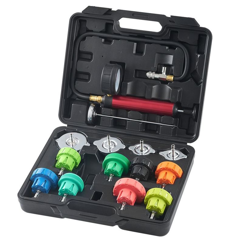 14 Pcs Universal Radiator Pressure Tester Kit, Coolant Pressure Tester Kit With Manual Pump And Color-coded Steel Test Cap Adapters, With Toolbox,_voghion.com