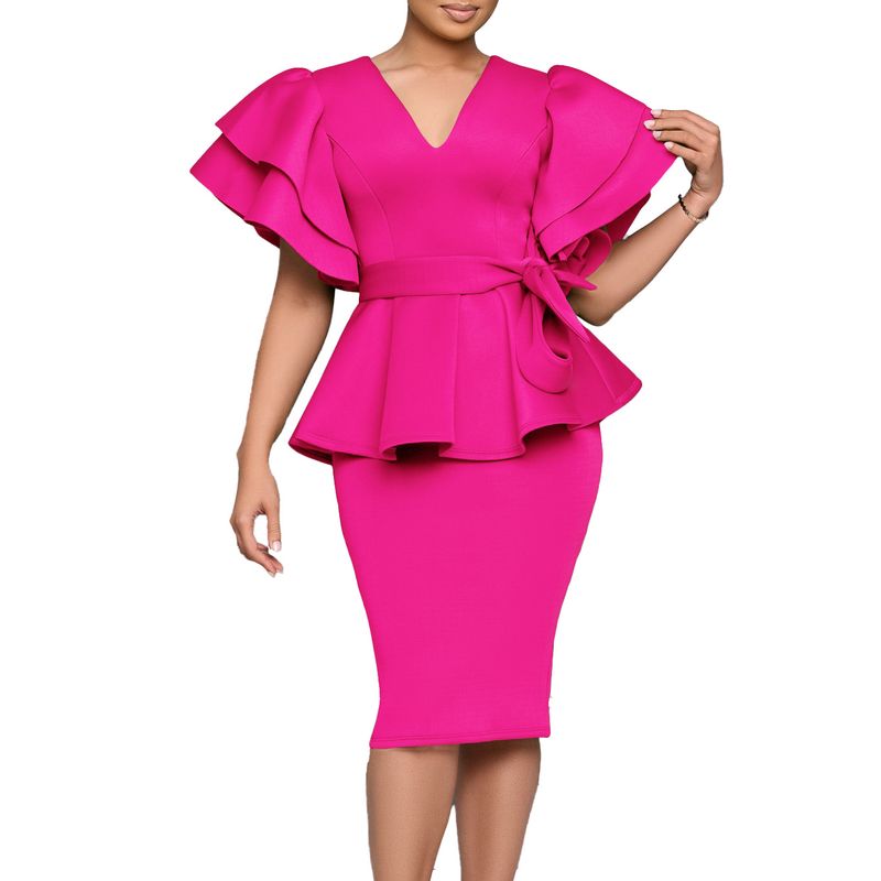 Damenbekleidung Neue Mode Temperament Elegante Rüschen Einfarbig Hüfte Partykleid_voghion.com