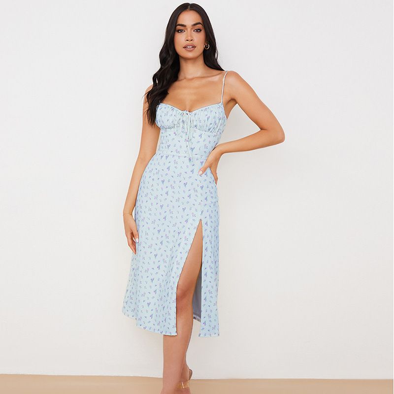 Robe caraco fleurie d'été pour femme, style vacances, avec jupe longue fendue_voghion.com