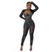 fashion women's solid color mesh hot diamond long-sleeved trousers jumpsuit_voghion.com