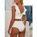 Ensemble bikini col V pour femme avec boucles métalliques et volants - Bas de bikini triangle taille haute et haut push-up - Maillots de bain blancs pour la plage et la piscine_voghion.com
