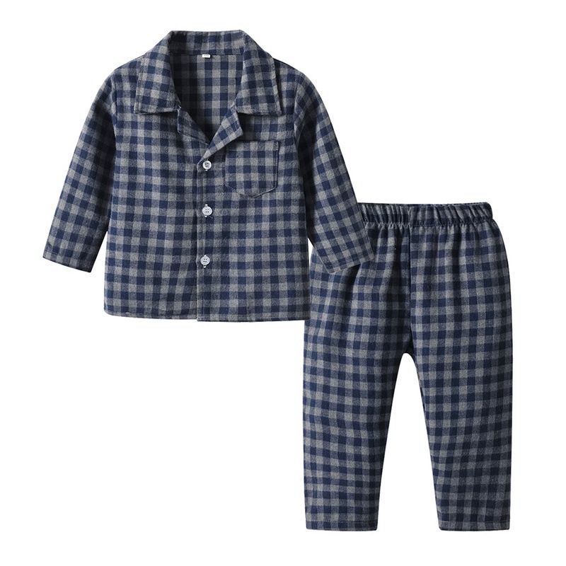 Kinder Home Wear Frühling Plaid Langarm Baumwolle Strickjacke Casual Pyjama Hosen Zwei Sätze Pyjamas_voghion.com