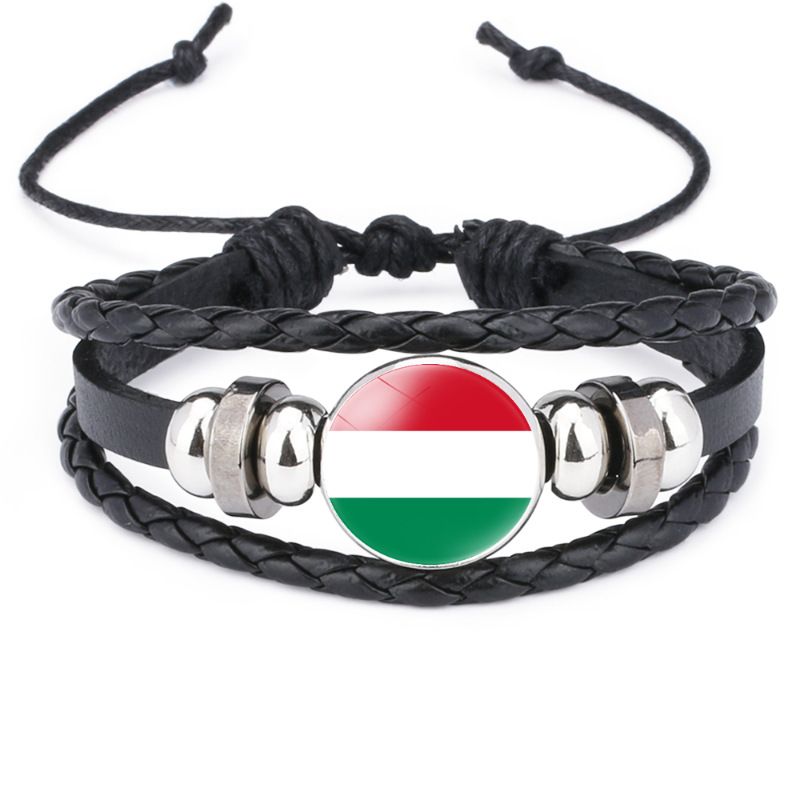 Pulsera de piel de vaca negra con diseño de bandera de Hungría para hombre y mujer, ajustable y retráctil._voghion.com