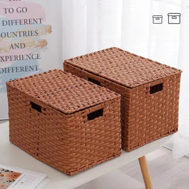 Cesta tejida de ratán con tapa, organizador multifuncional con asa para el hogar, dormitorio y otros objetos de almacenamiento._voghion.com