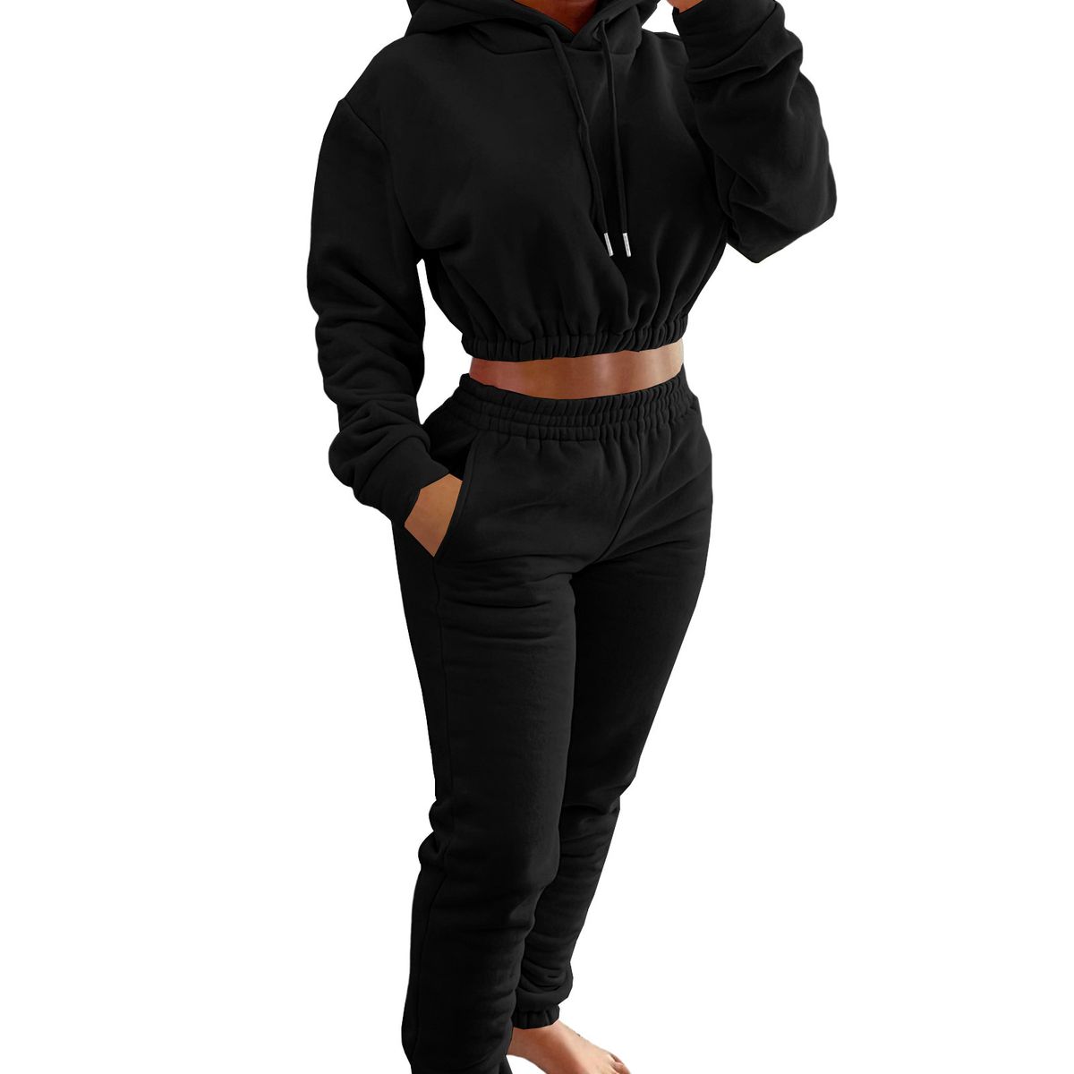 Damen-Fleece-Sport-Freizeitanzug, Kapuzenpullover, Jogginghose, zweiteiliges Set_voghion.com