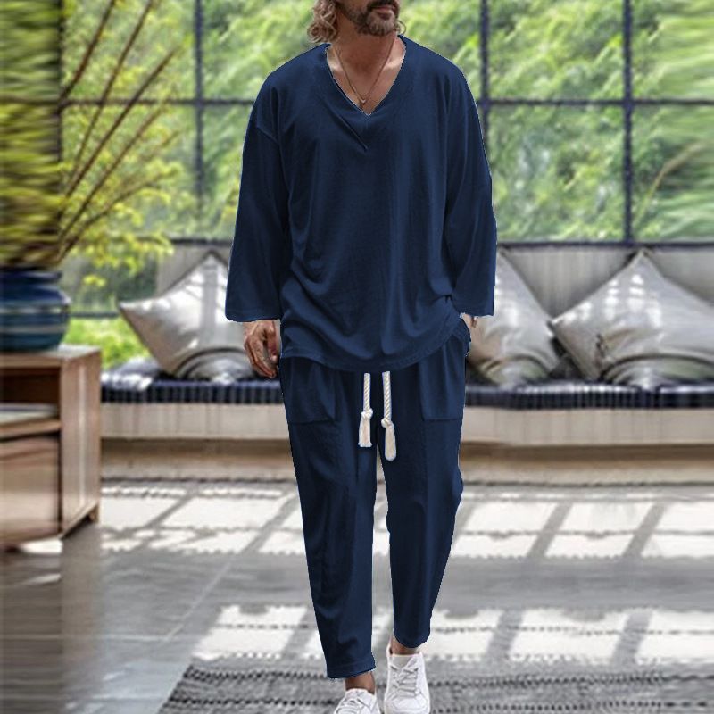 Herrenbekleidung Frühling und Herbst Herren V-Ausschnitt Hemd Lässig Locker Langarmhose Strandanzug_voghion.com