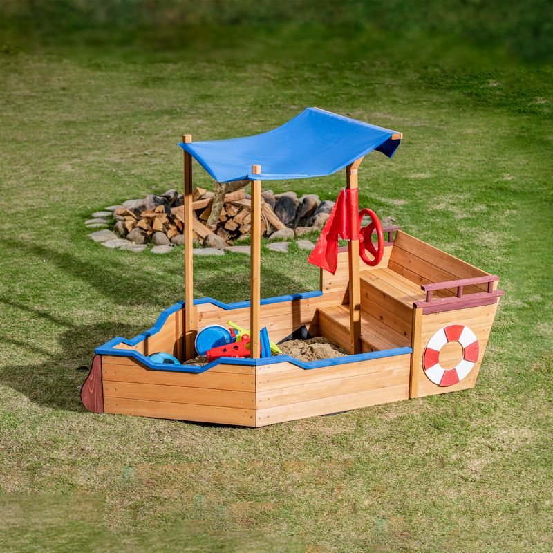 Outsunny Pirate Ship Sandbox with Cover and Rudder, Wooden Sandbox with Storage Bench and Seat, Outdoor Toy for Kids Ages 3-8 Years Old_voghion.com