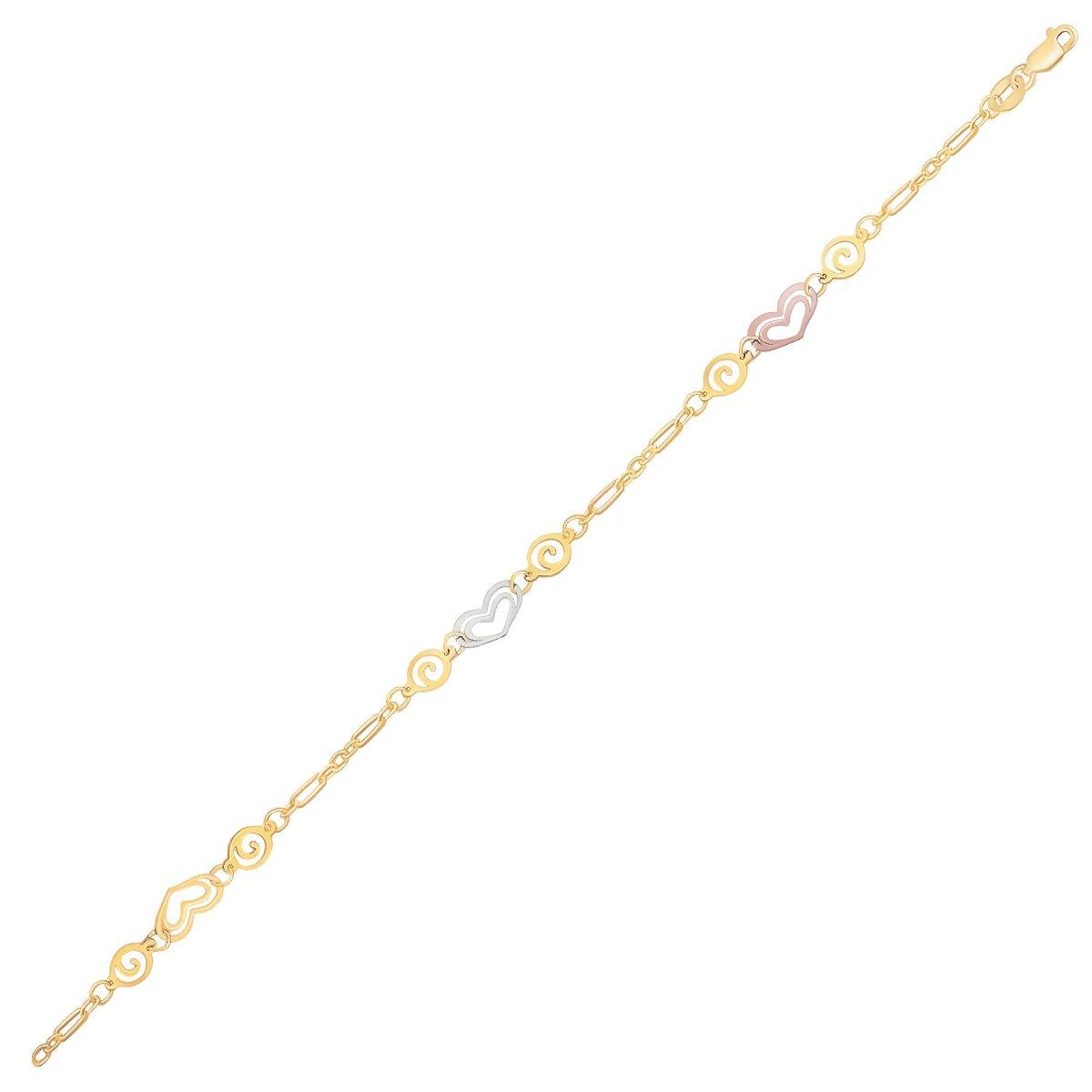 14k Tri-Color Gold Anklet with Multi Color Heart Stations_voghion.com