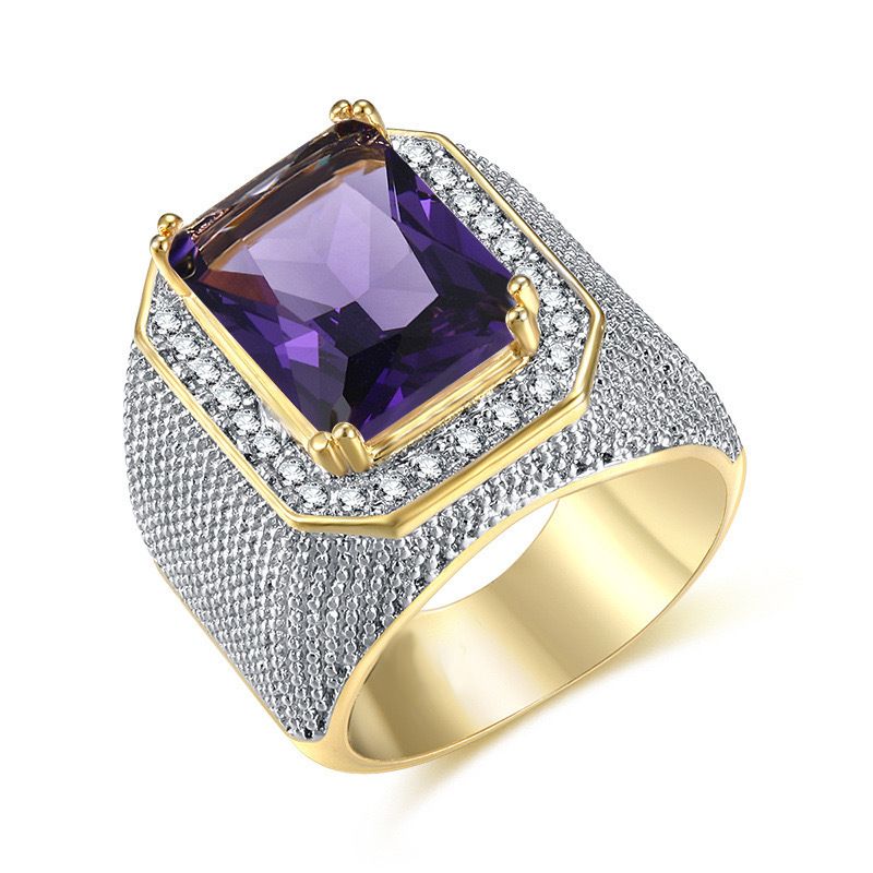 Anello da uomo di lusso con zirconi in stile hip hop, dominante e quadrato, placcato blu con galvanica a separazione di colore._voghion.com