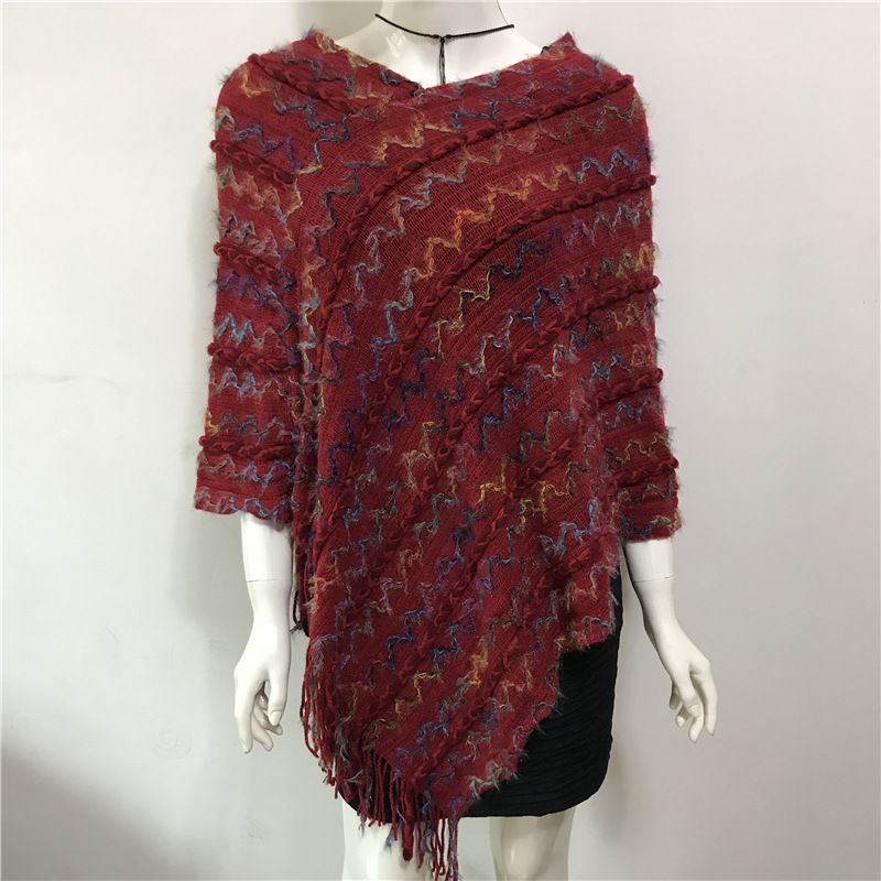 Maglione a mantella con nappe, motivo a onde, scollo a V, scialle largo da donna_voghion.com