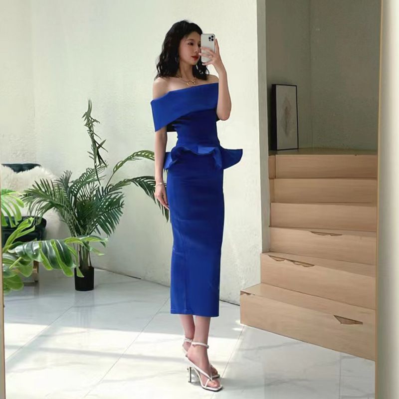 Damenbekleidung One-Shoulder-Kleid Zweiteiliges Set mit gerüschtem Hüftkleid_voghion.com