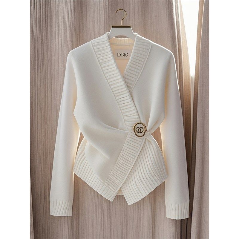 Women's Clothing Early Autumn Tops Unique And Beautiful Knitted Cardigan Temperament Waist Cut Age Reducing Small White Sweater Jacket_voghion.com