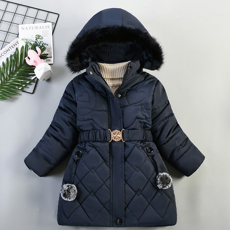 Winter Girl's Medium Long Cotton-padded Coat Coat Heart-shaped Diamond Pattern Cotton-padded Coat Fur Collar Hat Coat_voghion.com