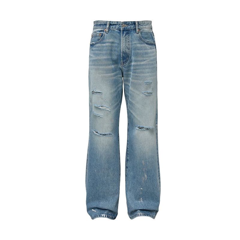 ​Hand-Brushed Silver Washed Distressed Ripped Jeans - Cleanfit Straight Leg Bootcut With Whiskering​_voghion.com