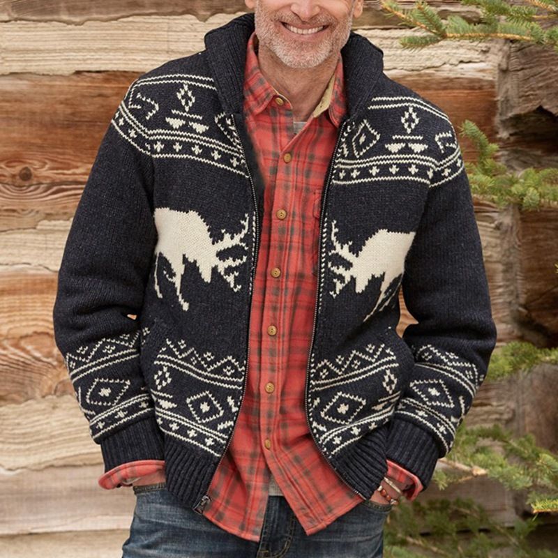 ​Men's Black Deer Jacquard Zip-Up Knit Sweater Coat, Winter Casual Long Sleeve Cardigan For Men​_voghion.com