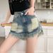 Ragged edge design denim shorts, female internet celebrity Instagram, worn out, niche, and distressed A-line tassels,_voghion.com